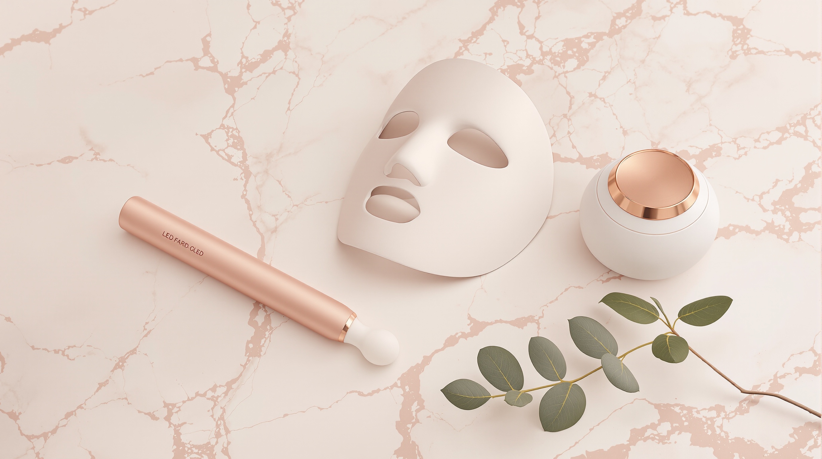 The mirtela line — RF facial wand, LED facial mask, and ceramic facial steamer on a pearl-marble vanity